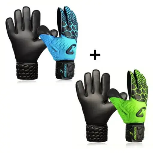 Kinder Torwarthandschuhe in grün und blau von Catch & Keep: Die Kralle Junior Pro Linie ist für Jungs und Mädchen der perfekte Handschuh! Langlebig, perfekter Halt und super bequem!