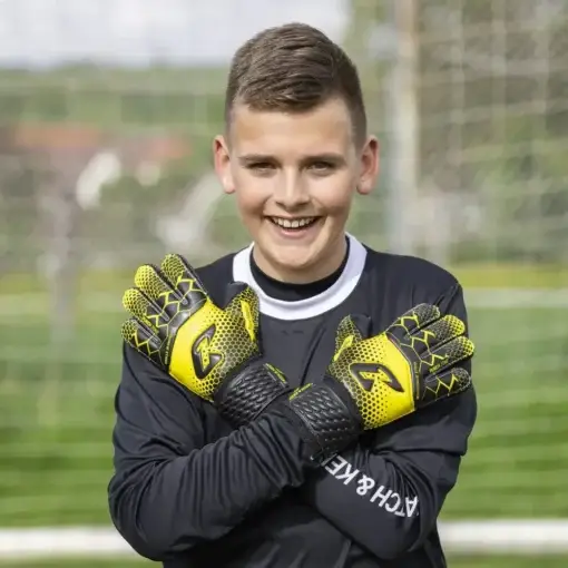 Torwarthandschuhe Kinder mit Fingersave: Der Kralle Protector in Gelb mit noch mehr Fingerschutz