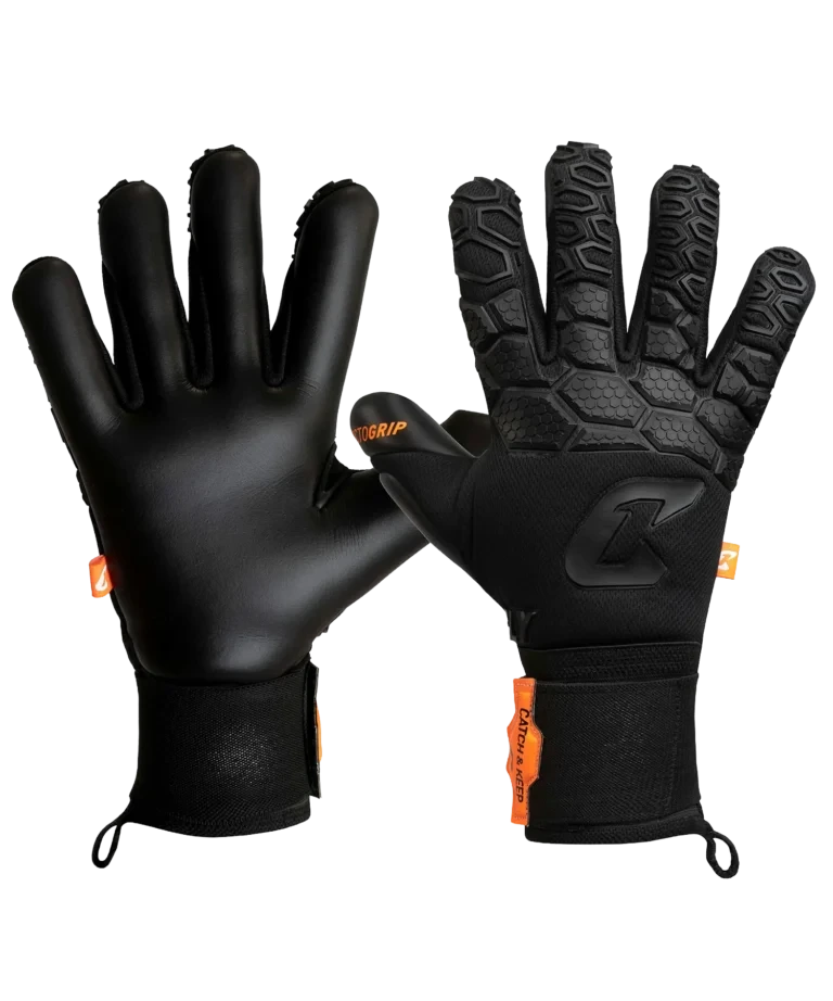 Schwarze Catch & Keep Torwarthandschuhe Fly Dark mit Profi-Grip