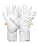 Weiße Catch & Keep Artico Torwarthandschuhe: Innenhand mit 4MM-Octopus-Logo am Daumen und Rückhand mit Klettbandage