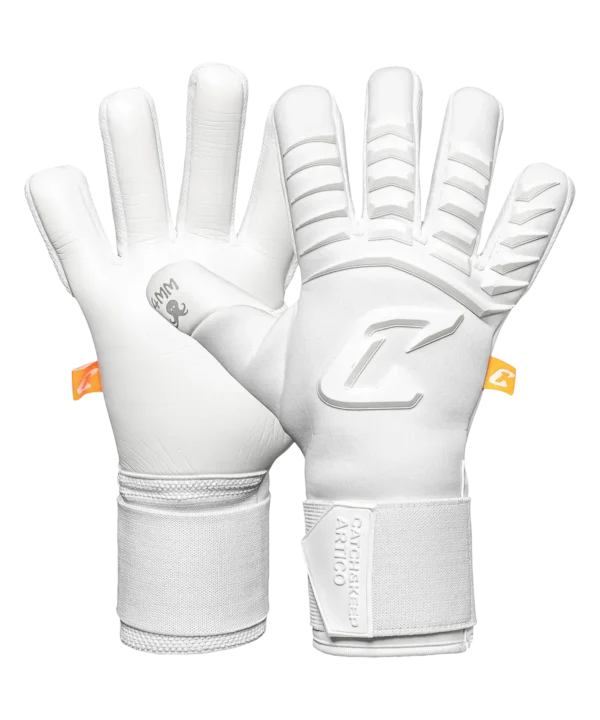 Weiße Catch & Keep Artico Torwarthandschuhe: Innenhand mit 4MM-Octopus-Logo am Daumen und Rückhand mit Klettbandage