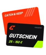 Catch & Keep Gutschein: schwarze Geschenkkarte mit Aufschrift Gutschein und 25 – 150 € vor oranger Karte