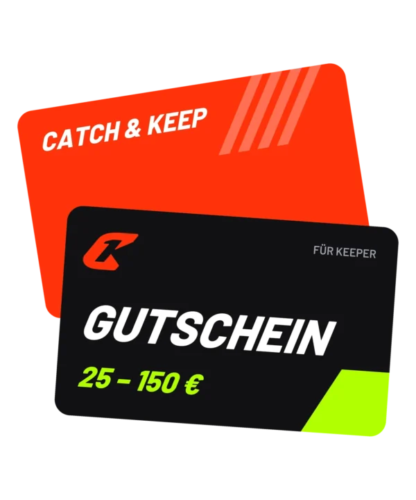 Catch & Keep Gutschein: schwarze Geschenkkarte mit Aufschrift Gutschein und 25 – 150 € vor oranger Karte