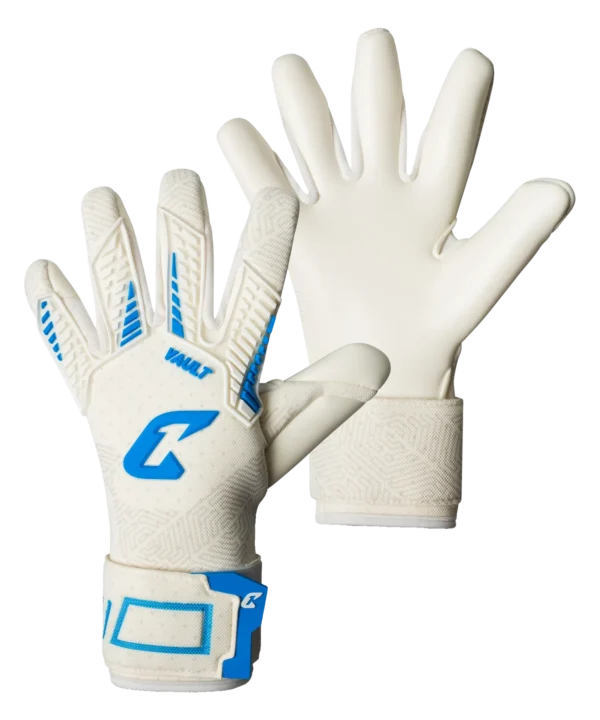 Catch & Keep Torwarthandschuh Fly Vault in Weiß-Blau – Rückhand mit blauen Akzenten und weiße Innenhand