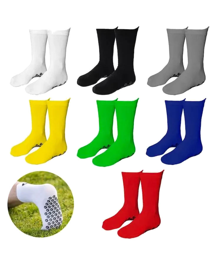 Performance Grip Socke von Catch & Keep in Weiß, Schwarz, Grau, Gelb, Grün, Blau und Rot mit Detail der Grip-Sohle