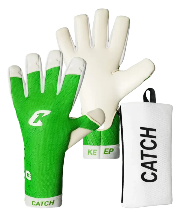 Torwarthandschuh Icon Green von Catch & Keep in Grün – Rückhand und Innenhand, mit Handschuhtasche