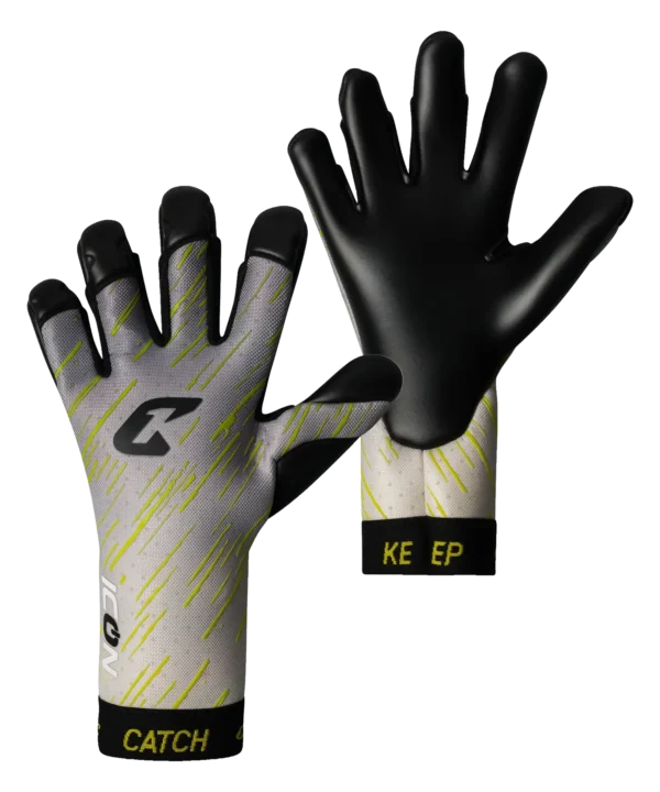 Torwarthandschuh Icon von Catch & Keep in Grau-Schwarz – Rückhand und Innenhand