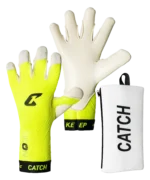 Torwarthandschuh Icon Neon von Catch & Keep in Neongelb – Rückhand und Innenhand, mit Handschuhtasche