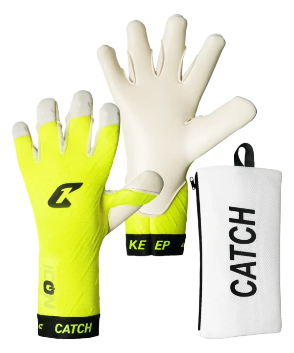 Torwarthandschuh Icon Neon von Catch & Keep in Neongelb – Rückhand und Innenhand, mit Handschuhtasche