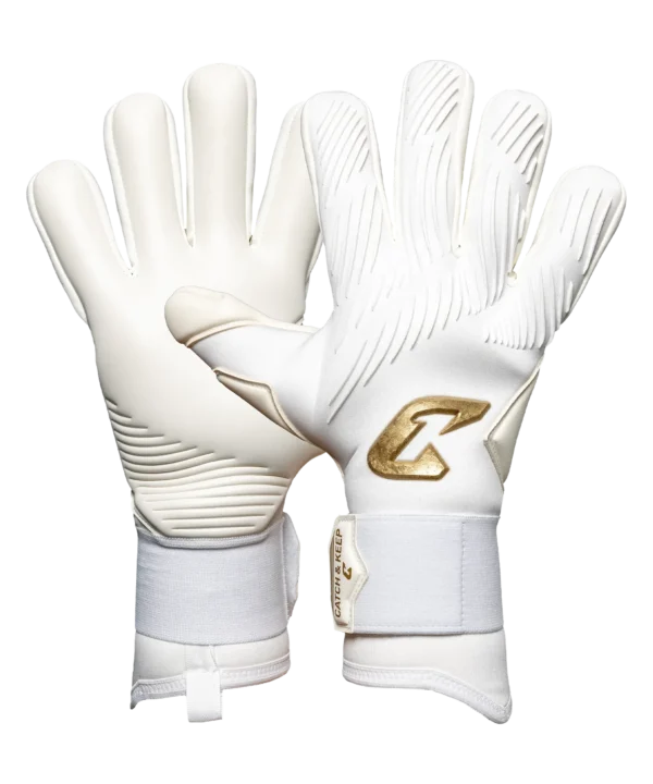 Torwarthandschuhe Invictus Gold in Weiß-Gold: Rückhand mit goldenem Logo und weiße Innenhand