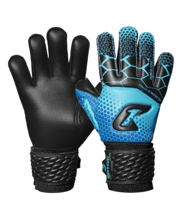 Kralle Protector Kinder-Torwarthandschuhe mit Fingerschutz in Blau – Innenhand und Rückhand im Produktbild
