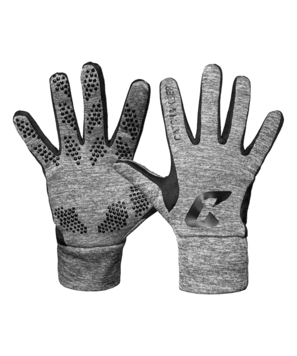 Laufhandschuhe Pro in Grau meliert mit schwarzen Grip-Noppen und C&K Logo – Innen- und Außenseite