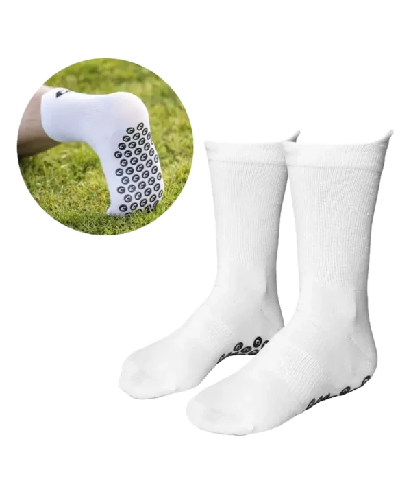 Performance Grip Socke in Weiß von Catch & Keep: Paar mit Detailansicht der Grip-Noppen an der Sohle