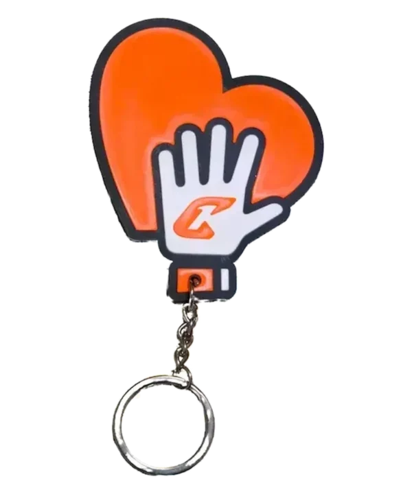 Schlüsselanhänger Keeperliebe: oranges Herz mit weißem Torwarthandschuh, C&K Logo und Schlüsselring