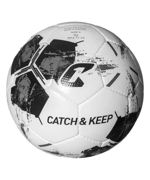 Spielball Pro II White: weißer Fußball mit schwarz-grauem Muster und Catch & Keep Logo