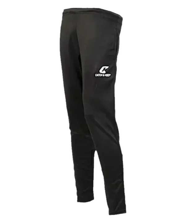 Torwart Trainingshose lang in Schwarz mit weißem Catch & Keep Logo am Oberschenkel – Produktbild
