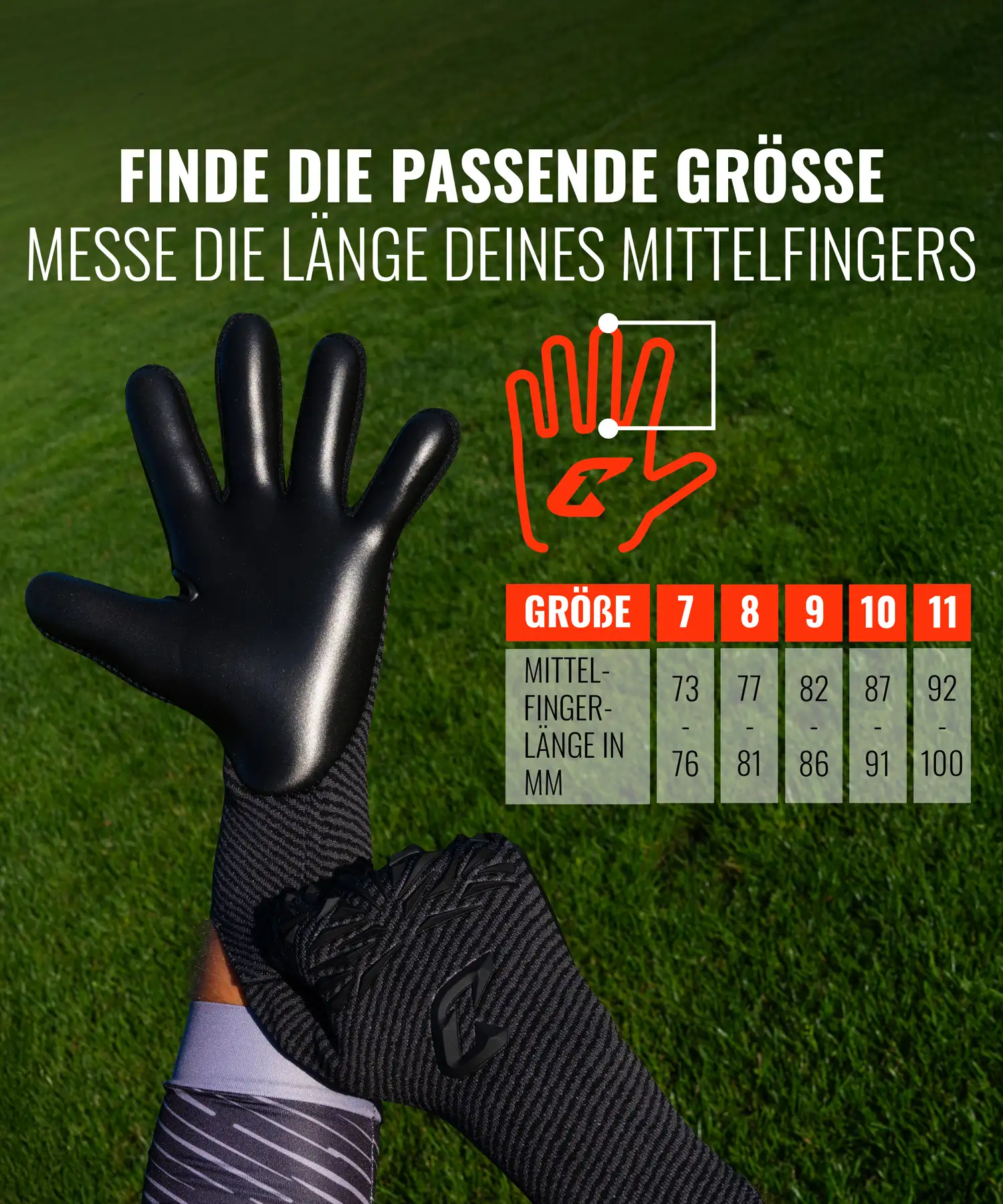 Größentabelle Aero Virx: Größen 7 bis 11 nach Mittelfingerlänge in mm